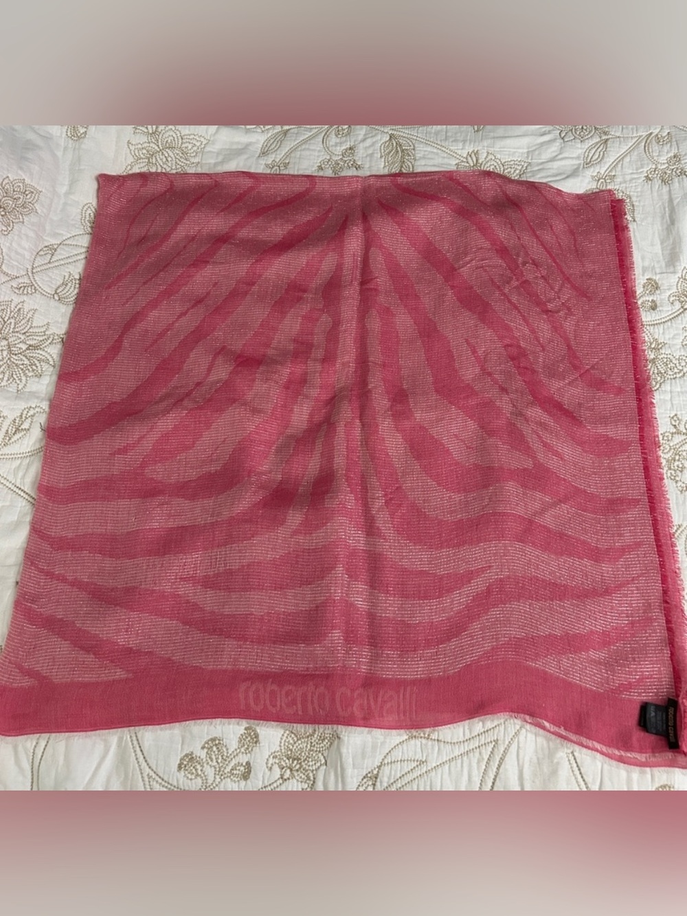 Roberto Cavalli Hot Pink Woven Scarf with Frayed Edge
